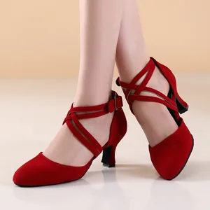 Women's Latin Dance Shoes with 6cm Double Cross Strap Suede/PU Upper Ballroom & Salsa Dancing Shoes for Girls Party Suede Sole