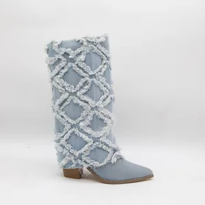 BUSY GIRL HQ1132 Sweet Stiletto Pointed Toe Chunky Heel Mid-Claf Boots Denim Blue Pattern Slip-on Boots 2026 Autumn/Winter