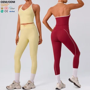 XW-YW586+KW451 Custom Solid Butt Lifting Gym Clothing Breathable Halter Vest Tank Top Fitness Chest Pad 2 Piece Yoga Wear Set