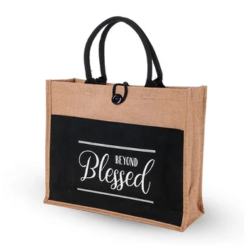 Custom biodegradable black fabric shopping bag with cotton pocket and button picture of durlap jute bag