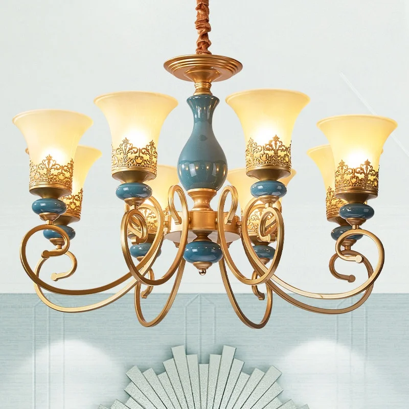 Living Room Bedroom Dining Room Chandelier American Retro Luxury Style Elegant High-End Ceramic Glass LED Frosted Lighting RA97