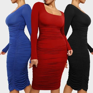 High Quality Fashion Women Long Sleeve square Collar Ruched Midi Solid Casual Short Tight Dresses
