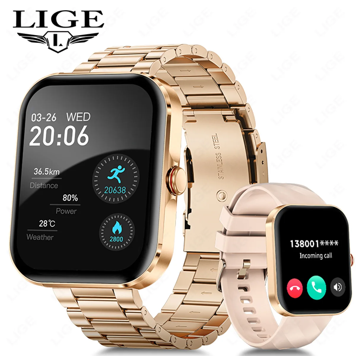 Lige Smartwatch For Men Stainless Steel Band, Water Resistant