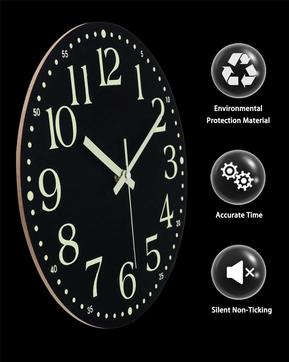 12 Inch Quartz Wall Clock with Silent Energy-Absorbing Luminous Numerals Wooden Glow-in-the-Dark MDF Decoration Lighted Hands