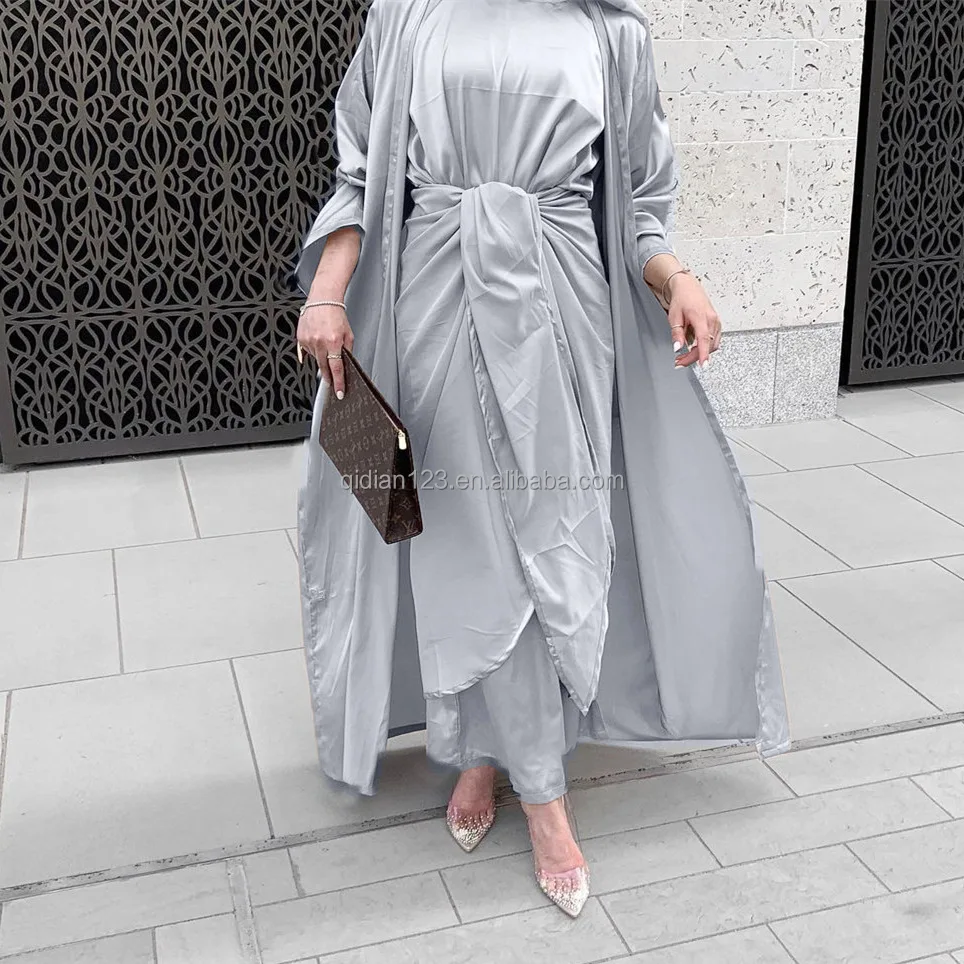2024 Modest Wear 3 Set Satin Modesty Open Abaya With Inner Dress 3 Set ...