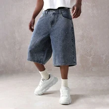 Custom Design Scatter Rhinestone Baggy Denim Jorts Distressed Hem Light Wash Men Denim Shorts Oversize  Gem Diamond Jean Shorts