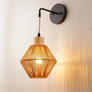 Hemp Paper Rope Wall Light Sconce Wall Mounted Lamp Rustic Vintage Creative Bedside Lamp Lighting Fixture For Bedroom Home