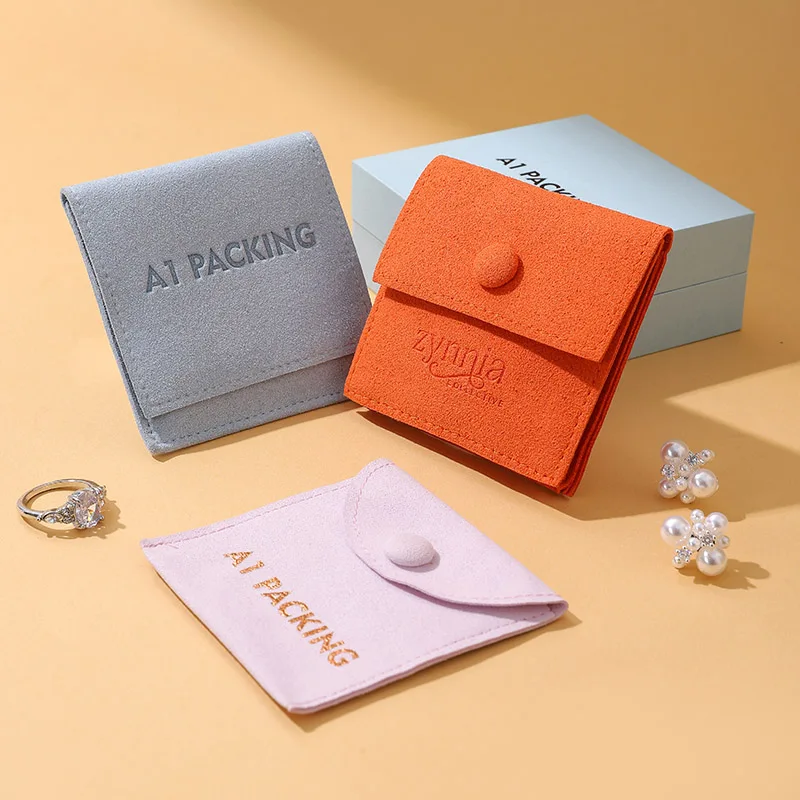 Luxury Square Flip-Top Jewelry Gift Box Set with Orange Microfiber Pouch Custom Logo Packaging for Rings and Earrings details