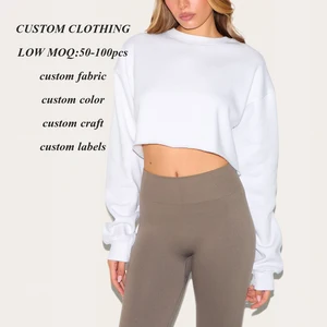 Oem Wholesale Solid Color Blank Sweatshirts Hoodie Custom Cut Edge Raw Hem Women Oversized Boxy Fit Cropped Crewneck Sweatshirts