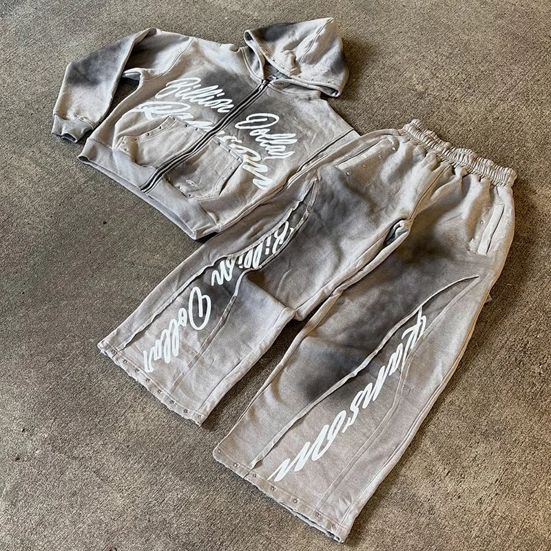 SALATI Manufacture Custom Casual Street Wear DTG Printed LOGO Vintage Wash Zip up Hoodie and Baggy Sweatpants Sets for Men