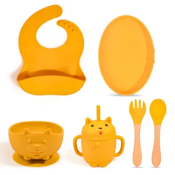 2023 Trend Baby Weaning Bibs Forks Spoons Bowls Cups Other Baby Products Silicone Baby Collar Weaning Feeding Set
