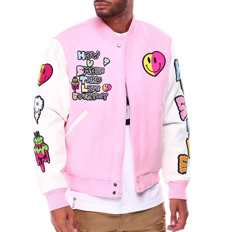 Chenille Embroidery Large Design Men Leather Sleeves Baseball Varsity Jacket _voghion.com