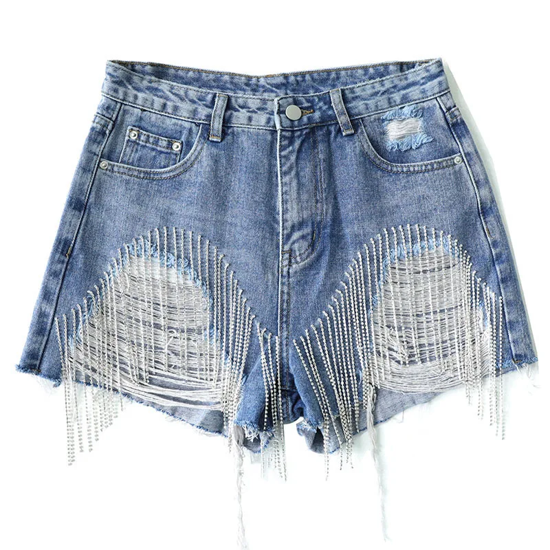 Flecos Pantalon Corto Jean Short Cintura Alta En Jeans Con Flecos