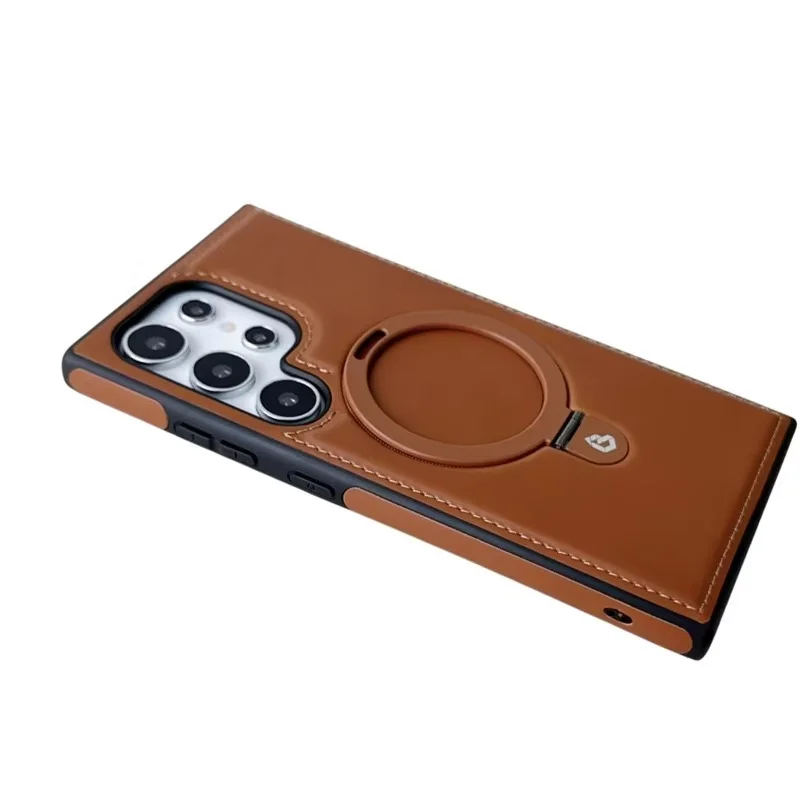 Ultra Case with Magnetic Bracket Stand Luxury PU Leather Metal Ring Holder Phone Cover for Samsung Galaxy S24 Ultra