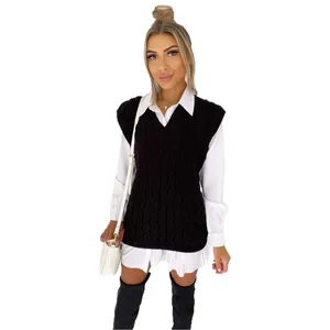 2025 Hot Selling Women's Long Length Casual Style Outer Sweater Vest Solid Korean Stacked Design V-Neck Knitted for Winter