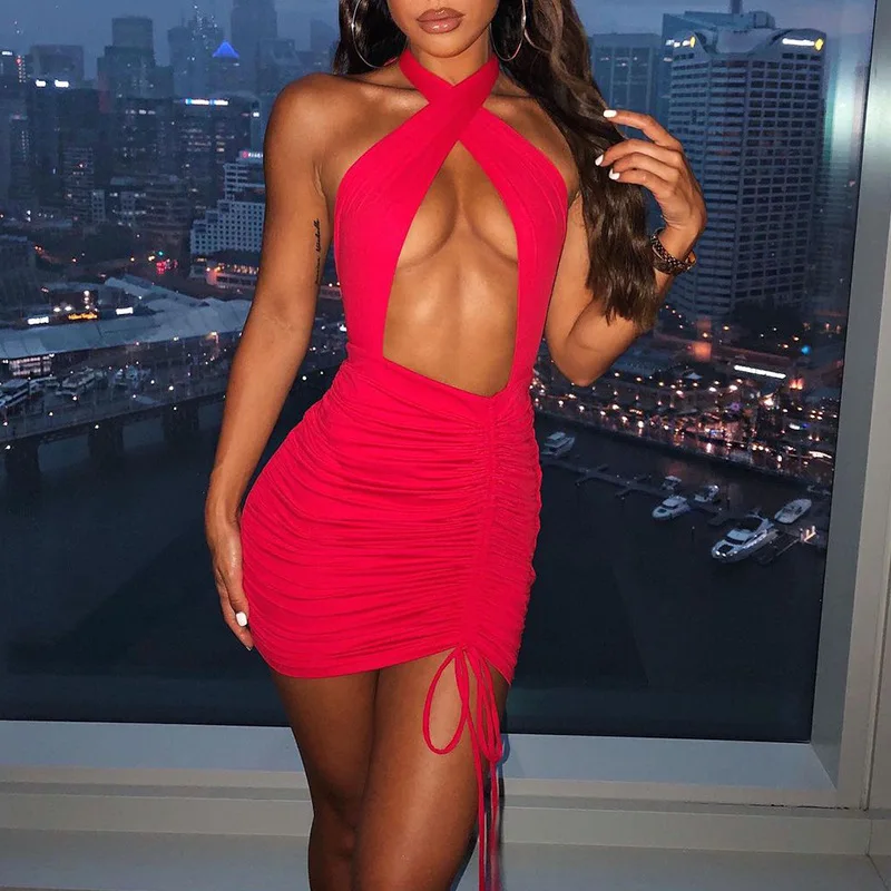 New Women Casual Dresses Sexy&Club Halter Hollow Out Backless Summer Party Pleated Dress Clothing Fashion 2021