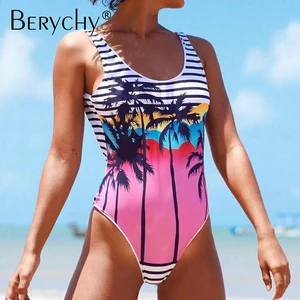 Summer Girls Ladies Beach Swimsuits Plant Palm Tree Print Sleeveless Sexy One-Piece Swimwear with High Cut Bottom
