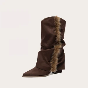 New Fashion Trendy Women's Brown Slouchy Knee High Boots Featuring Faux Fur Trim and Pointed Toe