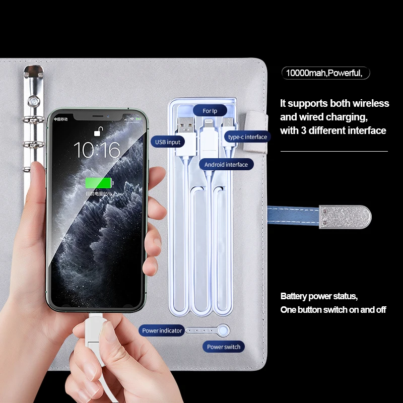 Custom VIP Diary Planner Notebook With USB Disk Built Calculator A5 Wireless Charger Power Bank Notebook Business Office