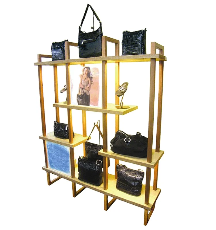 Multi-purpose Rotating Brown Retail Wooden Handbag Display Stand
