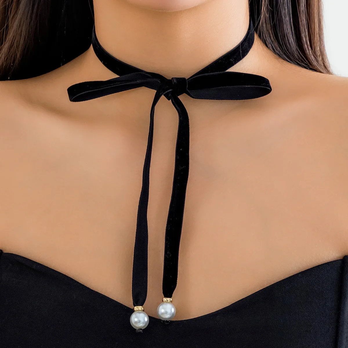 2024 Fashion Jewelry Velvet Cloth Pearl Bow Choker Necklaces Long Lace up  Adjustable Bow Necklaces Collar Jewelry for Women