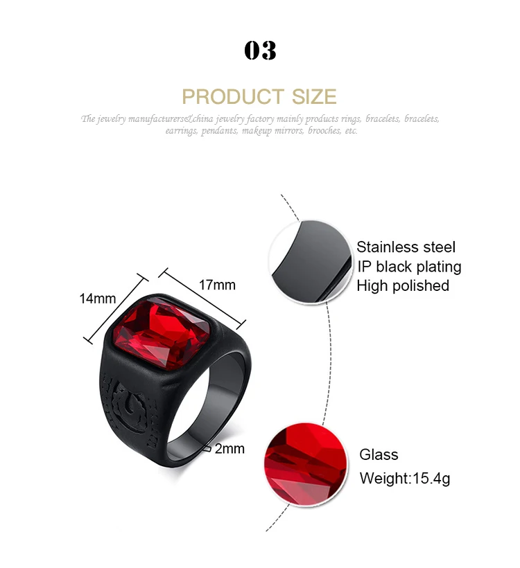 European and American fashion men's stainless steel red glass casting black ring RC440