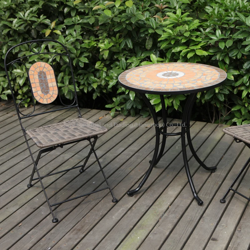 Joye Leisure Steel Rattan Chair and Mosaic Coffee Table Bistro Set Outdoor Garden Balcony 3Pcs Set