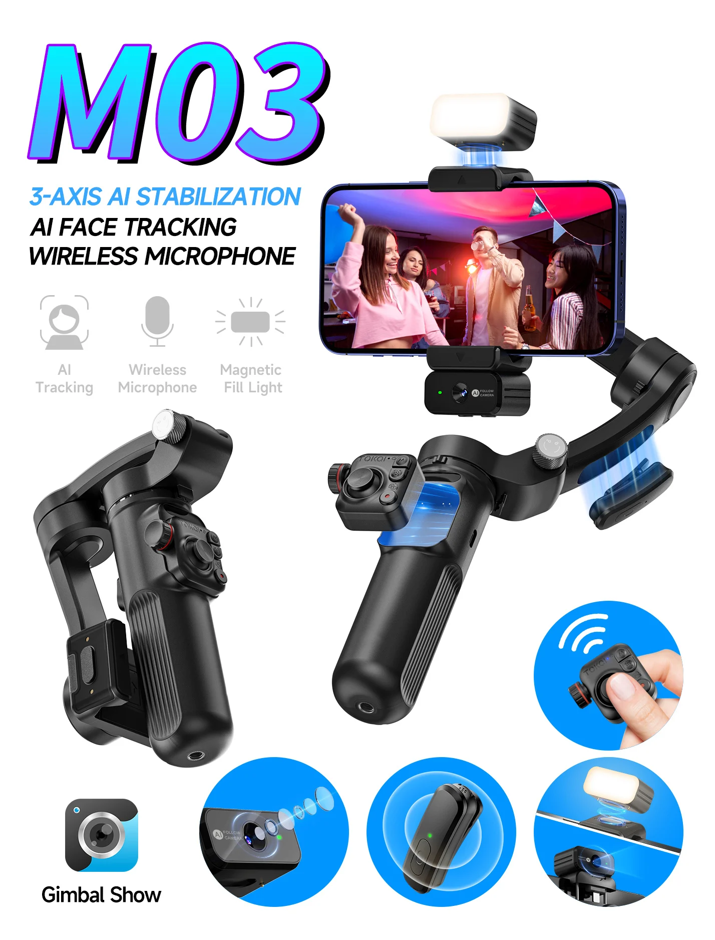 M03 Three-axis Mobile Phone AI Face Tracking Gimbal Stabilizer with  Magnetic Light Built-in Wireless Microphone Anti-shake