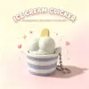 Purple striped cup, white ice cream