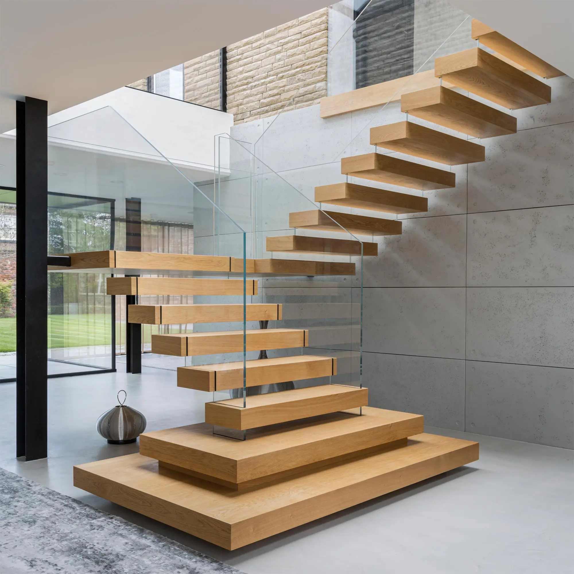 Floating modern staircase indoor invisible steel stringer wood stairs with glass railing details