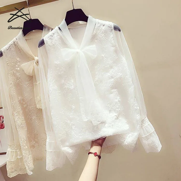 Blusas De Estilo Coreano Para Mujer,Blusas Informales Con Lazo  Decorado,Manga Larga,Malla De Encaje,Primavera,Novedad - Buy Señoras Blusas ,Tops,Blusas De Mujer Product on Alibaba.com