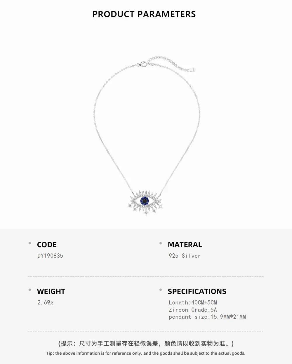 KAKODIY Customized Classic 925 Sterling Silver Chain Lucky Blue Evil Eyes Necklace Cubic Zirconia Pendant Necklace Women's Necklace detail 1