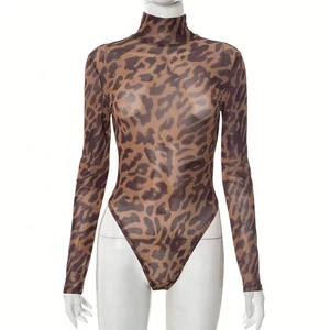 Dropshipping 2026 Women Clothing Leopard Print Mesh Hot Sexy Fashion 2 Piece Romper and Pants Set