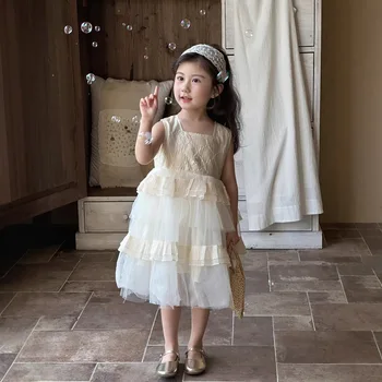 2025 Summer New Girls' Princess Dress Casual O-Neck Mesh Puffy Tulle Dress with Bow Baby Princess Dress