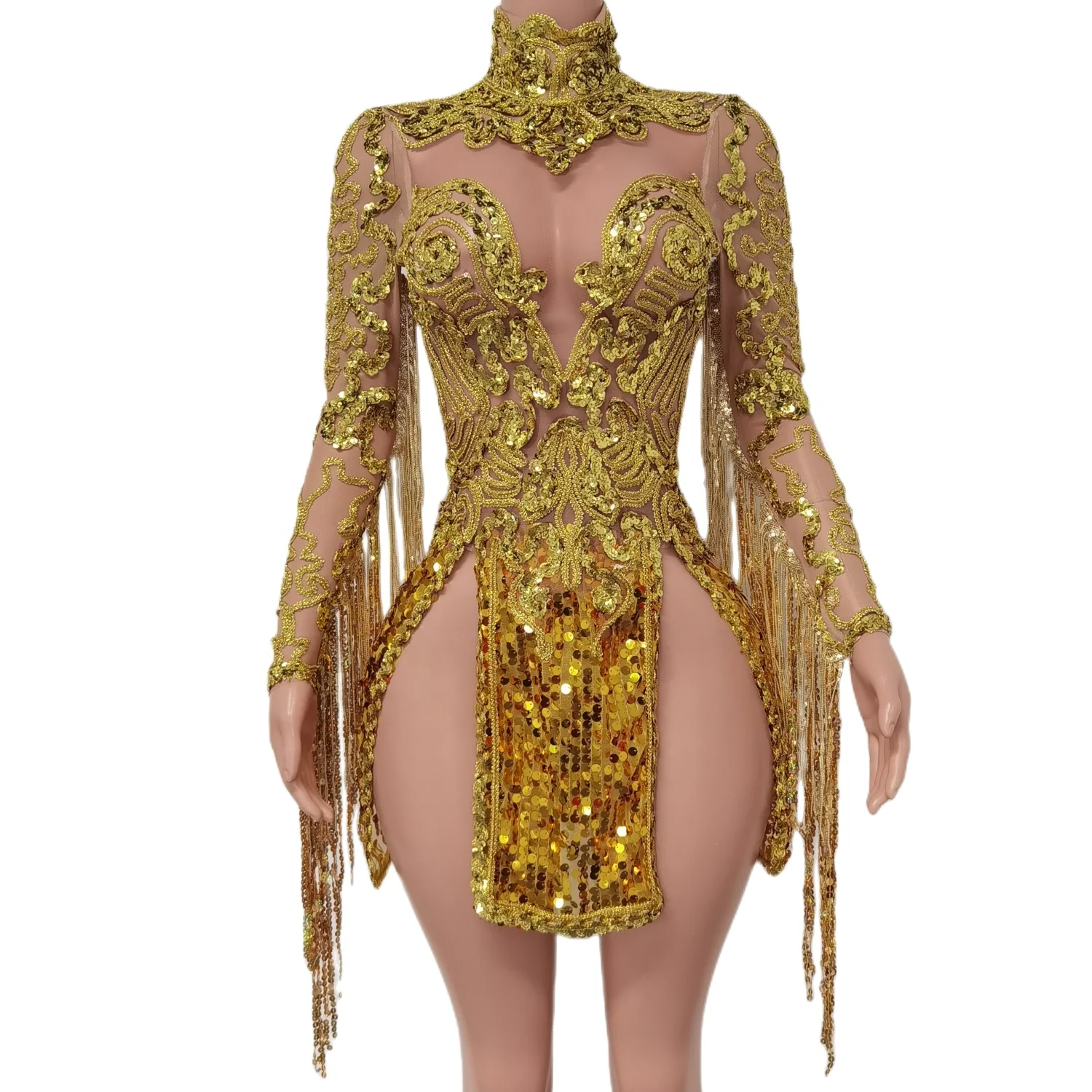 Sexy Gold Glitter Sequins High Slit Bodycon Dress for Women - Perfect  Evening, Party & Stage Performance Wear for Adults