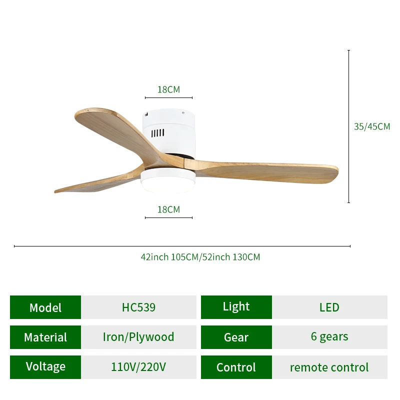 Lamp HC539 42' Inch 52' Plywood 3 Blades Reversible Six Speed Tuya Smart Fan Ceiling Light Chandelier
