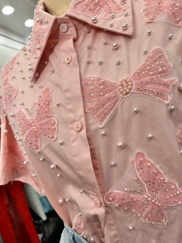 Oversized Cotton Blouse For Women Solid Pattern With Pearls Embroidery Bow Butterfly Details Button Down Closure Long Length - Image 6