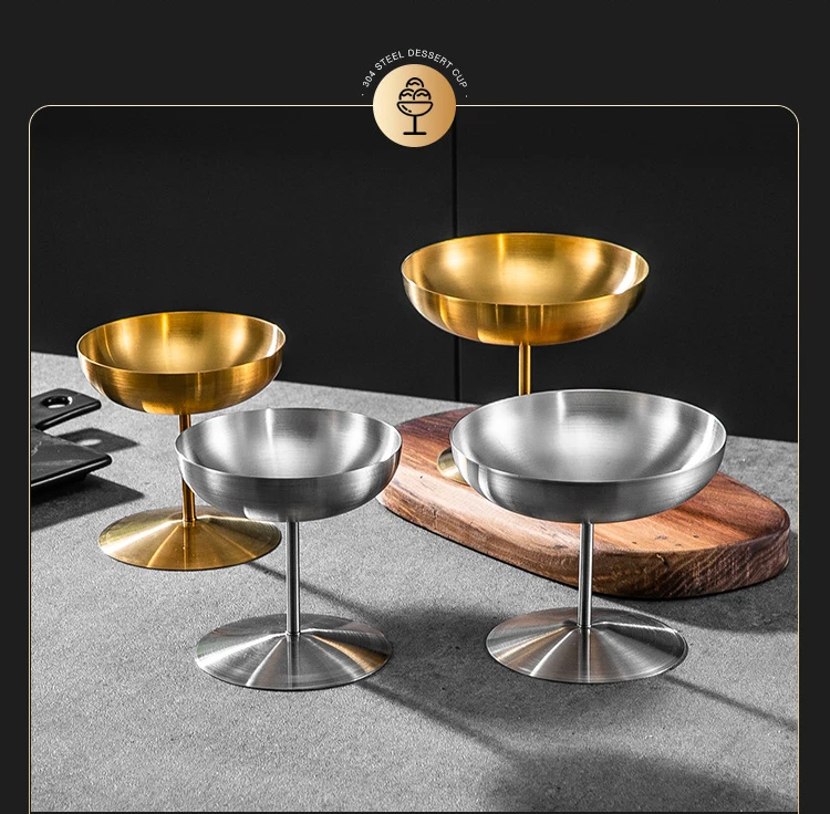 Fast Shipment Golden High Frost-proof Bottom Round Food Safety Metal Yogurt Juice Cocktail Wine Stainless Steel Ice Cream Cup
