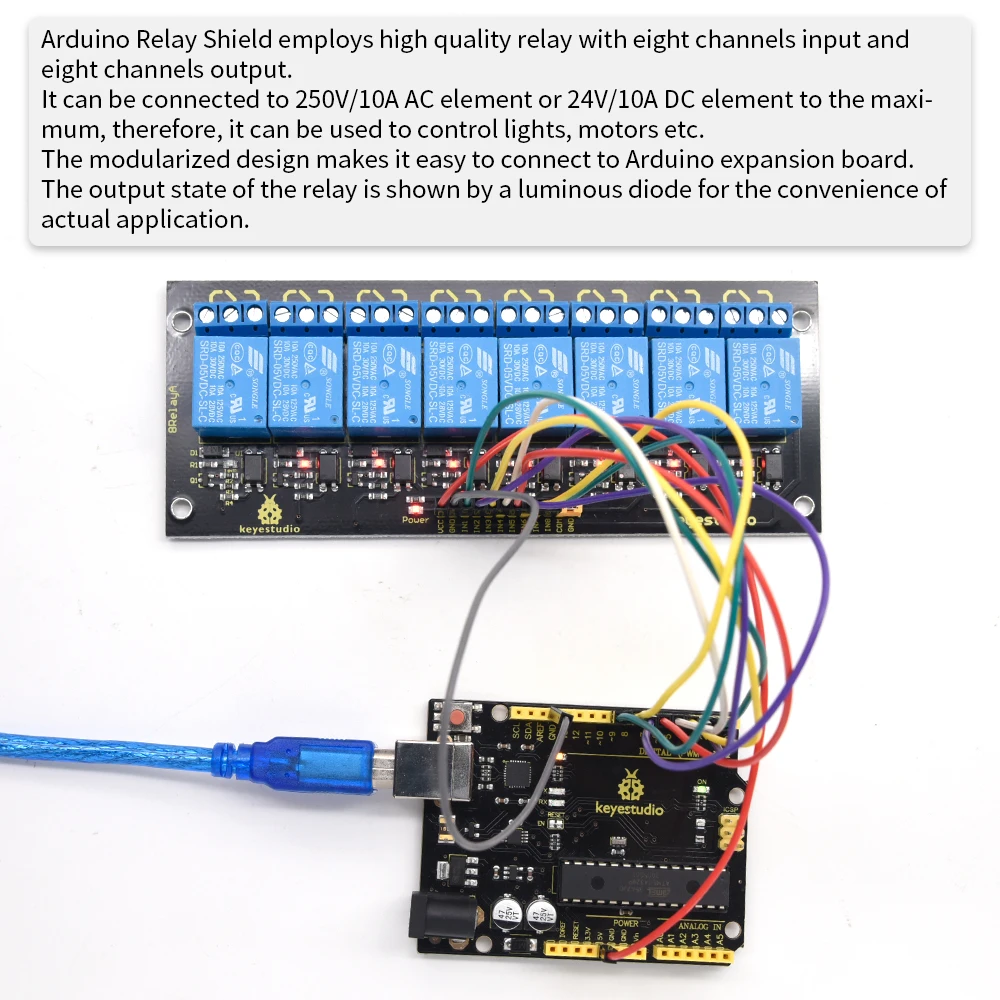Keyestudio 8 Channel 5V Road Relay Shield for Arduino 250V/10A AC DC Element Relay Module