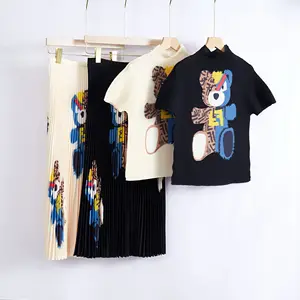 Miyake Pleated Sets Designer Bear Top and Skirt Printed Cute Ladies Fashion Two-piece Set Factory Wholesale Fast Delivery