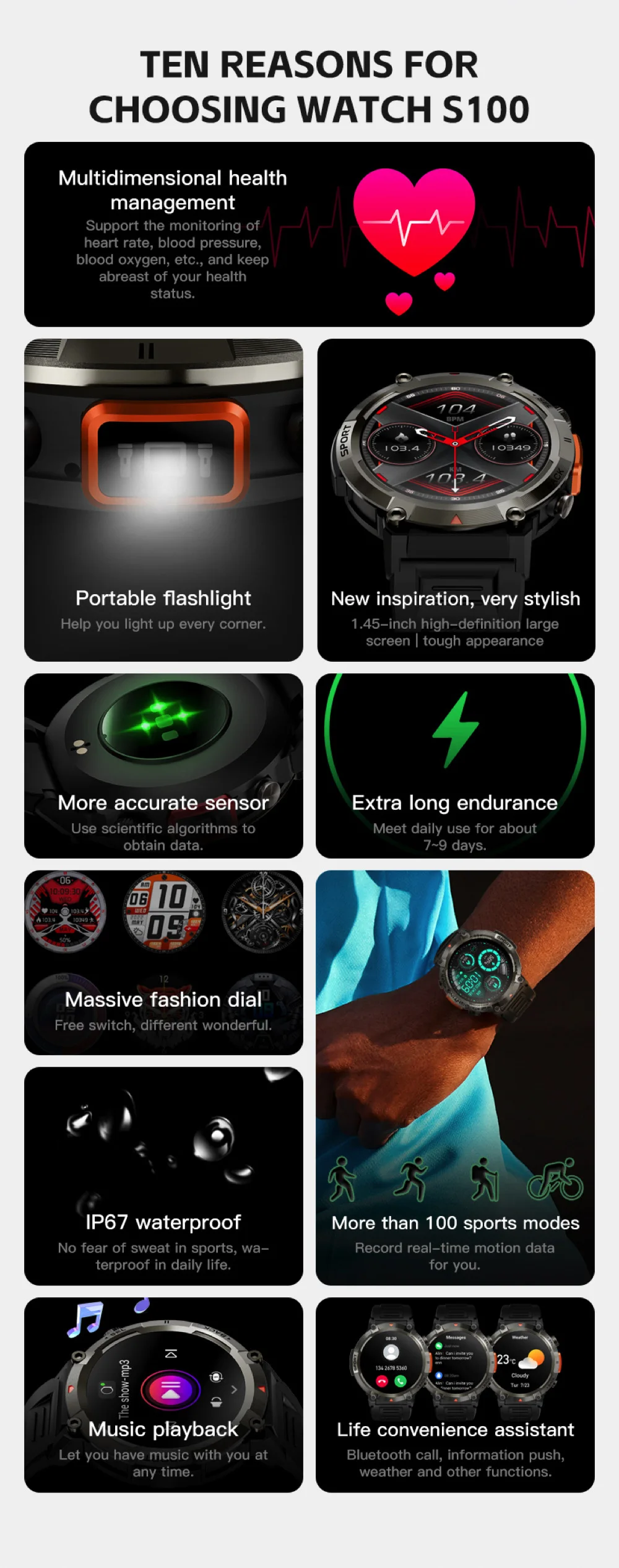 2025 New S100 Smartwatch Men 1.45 Inch TFT HD Screen BT 5.0 Waterproof IP67 Flashlight Night Sports Fitness Bracelet Heart Rate