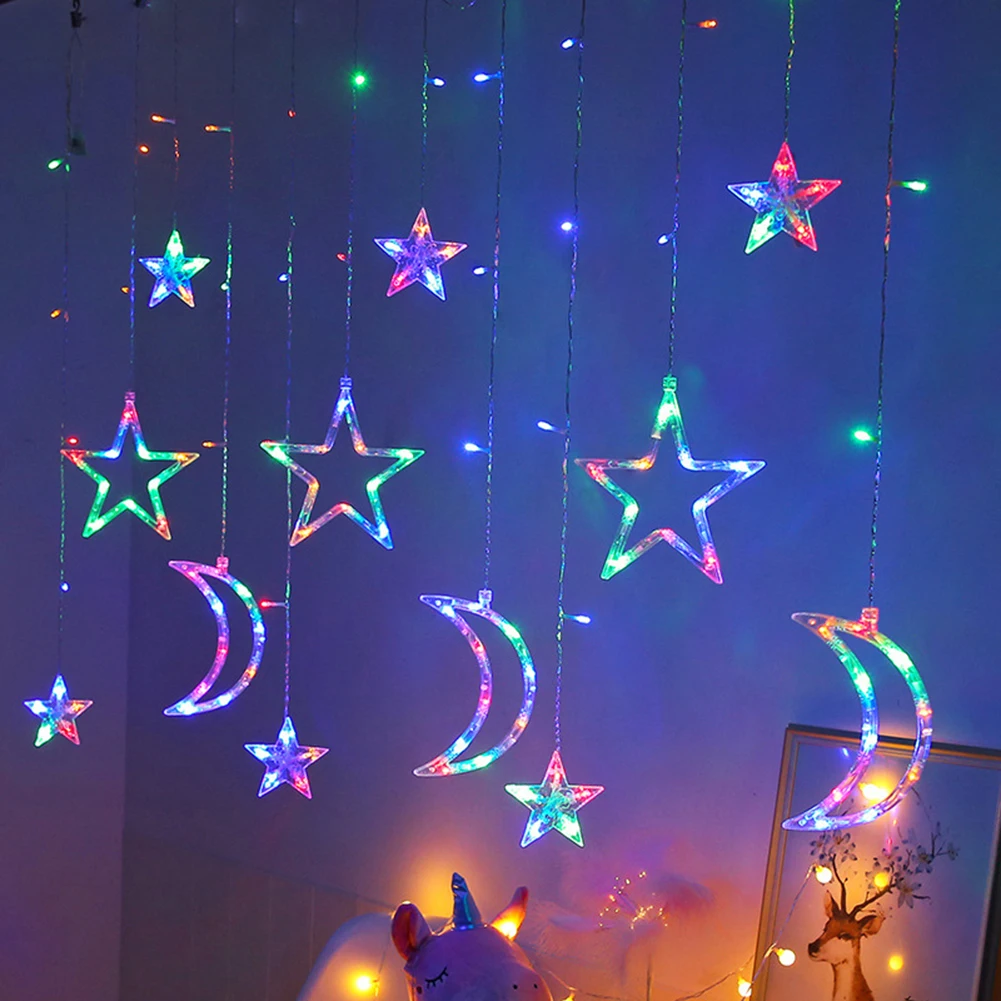 LED Lichterketten Stern & Mond Vorhang – 8 Blinkmodi Für Gemütliche Deko | Warmweiß | Indoor/Outdoor
