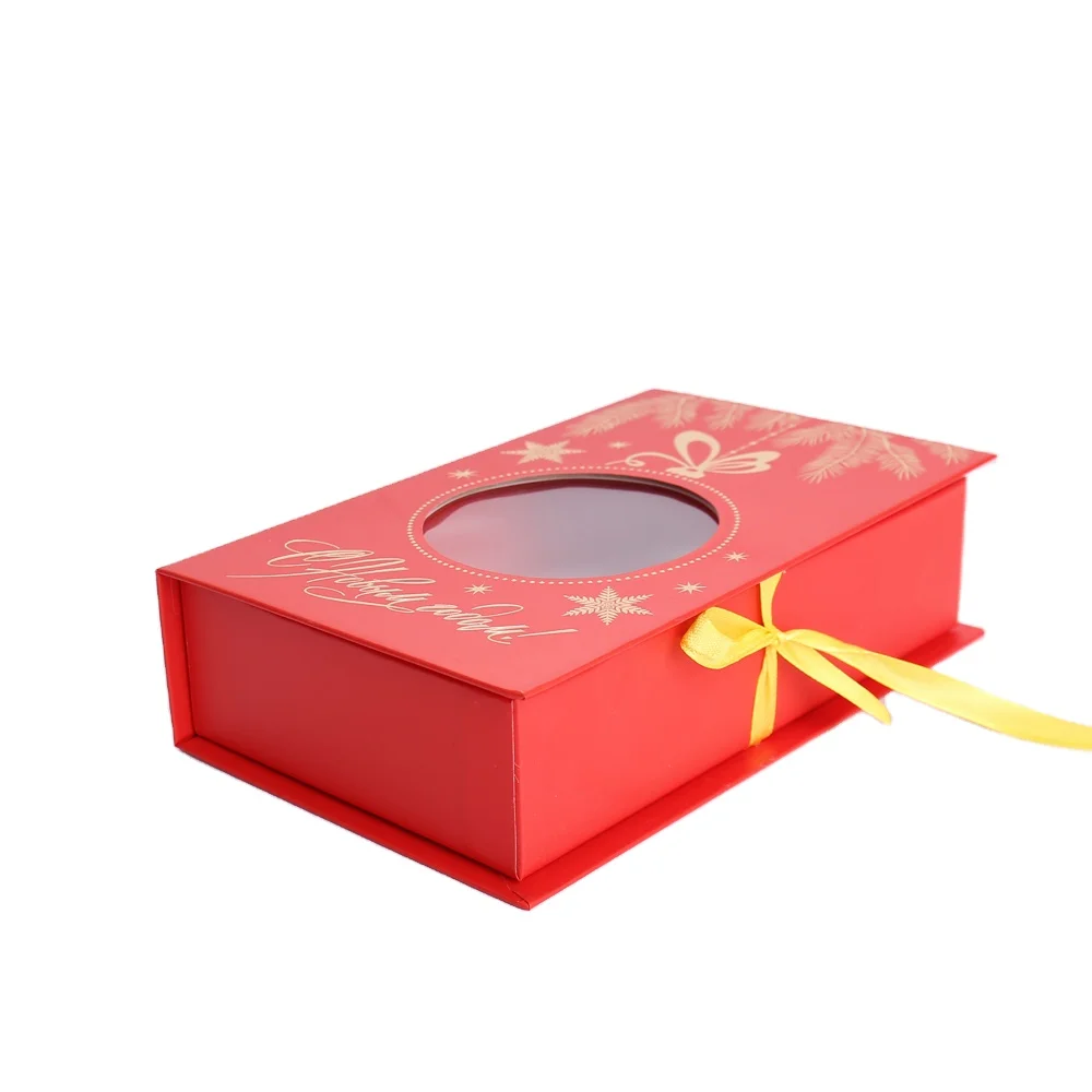 product custom book shaped gift box with pvc window factory rigid paper packaging for christmas uv coating hot stamping sponge liner-2