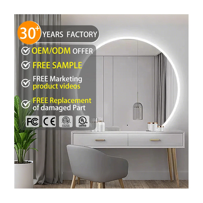 Wholesale Half Moon Round Shape Led Light Smart Mirror Frameless Backlit Led Light Wall Design Home Irregular Mirror for Dresser