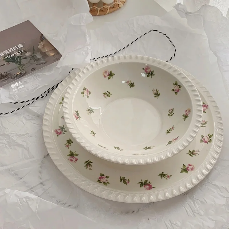 FENN new retro floral ceramic plate household internet famous dessert plate ceramic fruit salad bowl porcelain dishes tableware