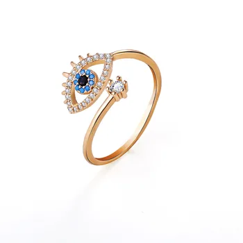 Ruigang Personalized 18k gold plated Blue CZ Crystal Eye Finger Open Adjustable Zirconia Evil Eyes Ring