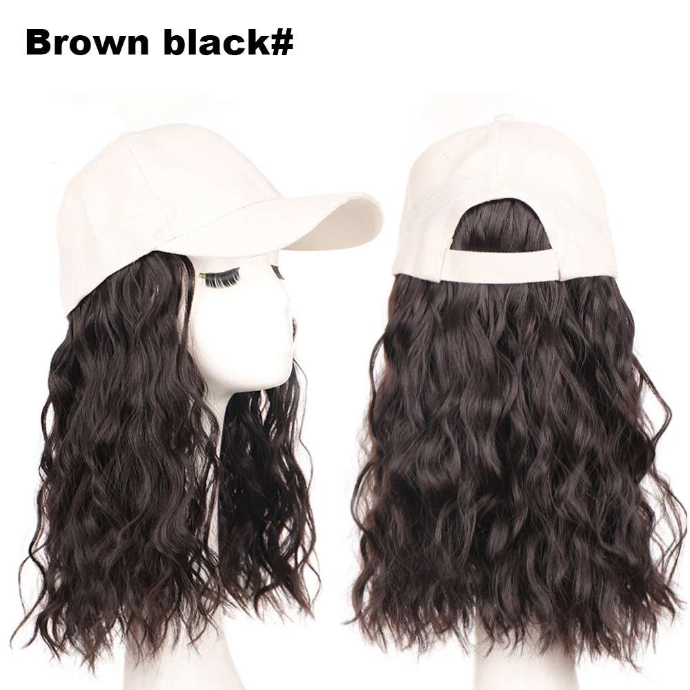Wholesale Hair Attached Hat Long Wavy Baseball 18inch Black Brown Color