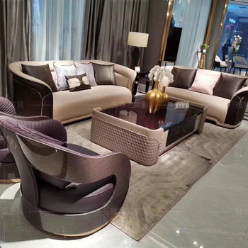 Light luxury post-modern leather sofa combination for villa living room. High-end customizable Hong style furniture