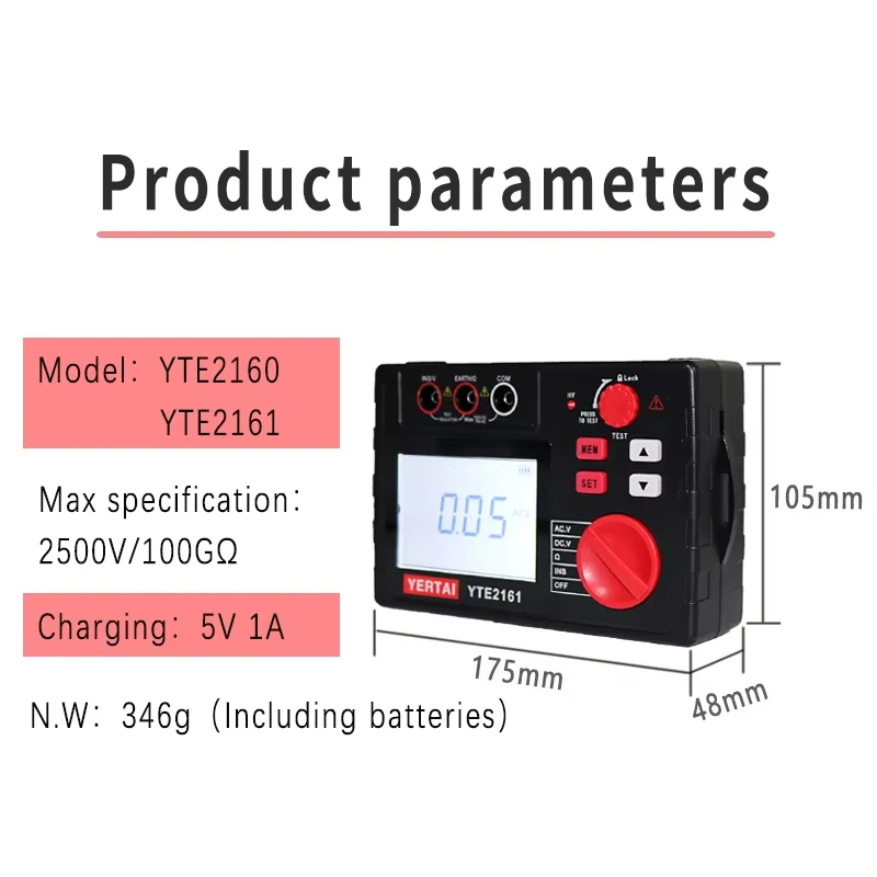 East Tester YTE21 Präziser Digitaler LCD-Isolationswiderstandstester IP67-Schutz 3,7V 1500mAh Akku Erdungswiderstandsmessgerät – Detail 1
