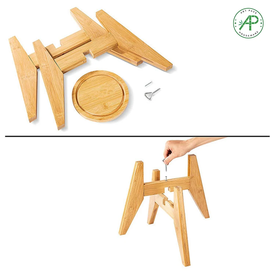 Factory Durable Bamboo Potted Plant Stand With A Round Tray For Home